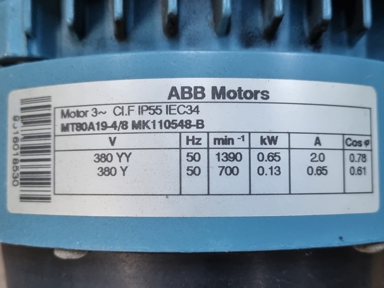 Used ABB MT80A19-4/8 MK110548-B Electric Motor - HOS BV