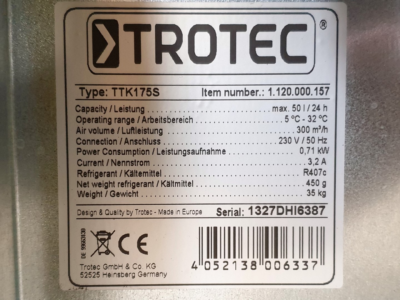 Used Trotec TTK 175 S Dehumidifier - HOS BV