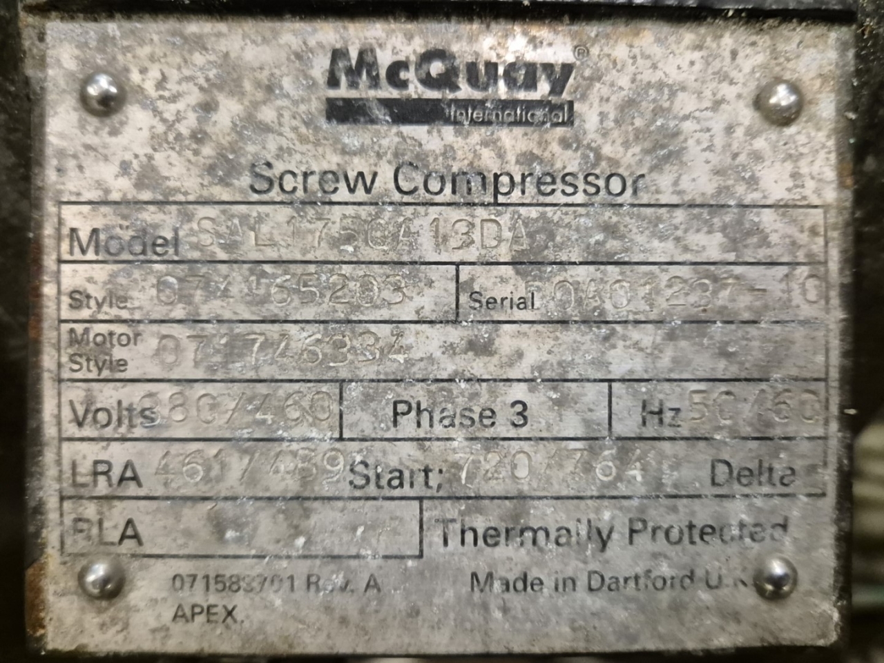 Used Mcquay Sal175qa13da Semi-hermetic Screw Compressor Freon - Hos Bv