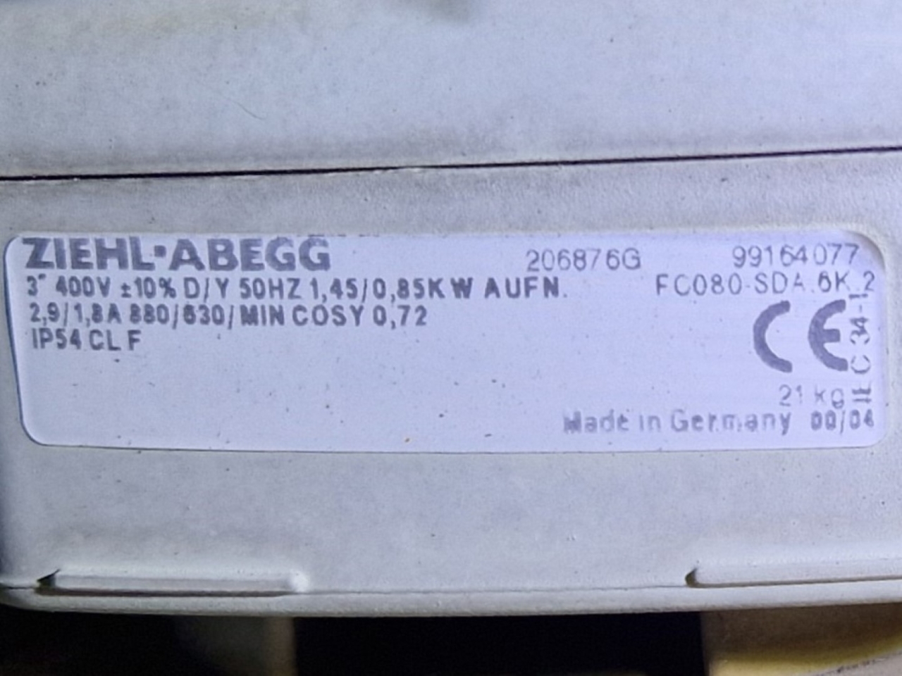 Used Ziehl-Abegg FC080-SDA.6K.2 Fan. - HOS BV