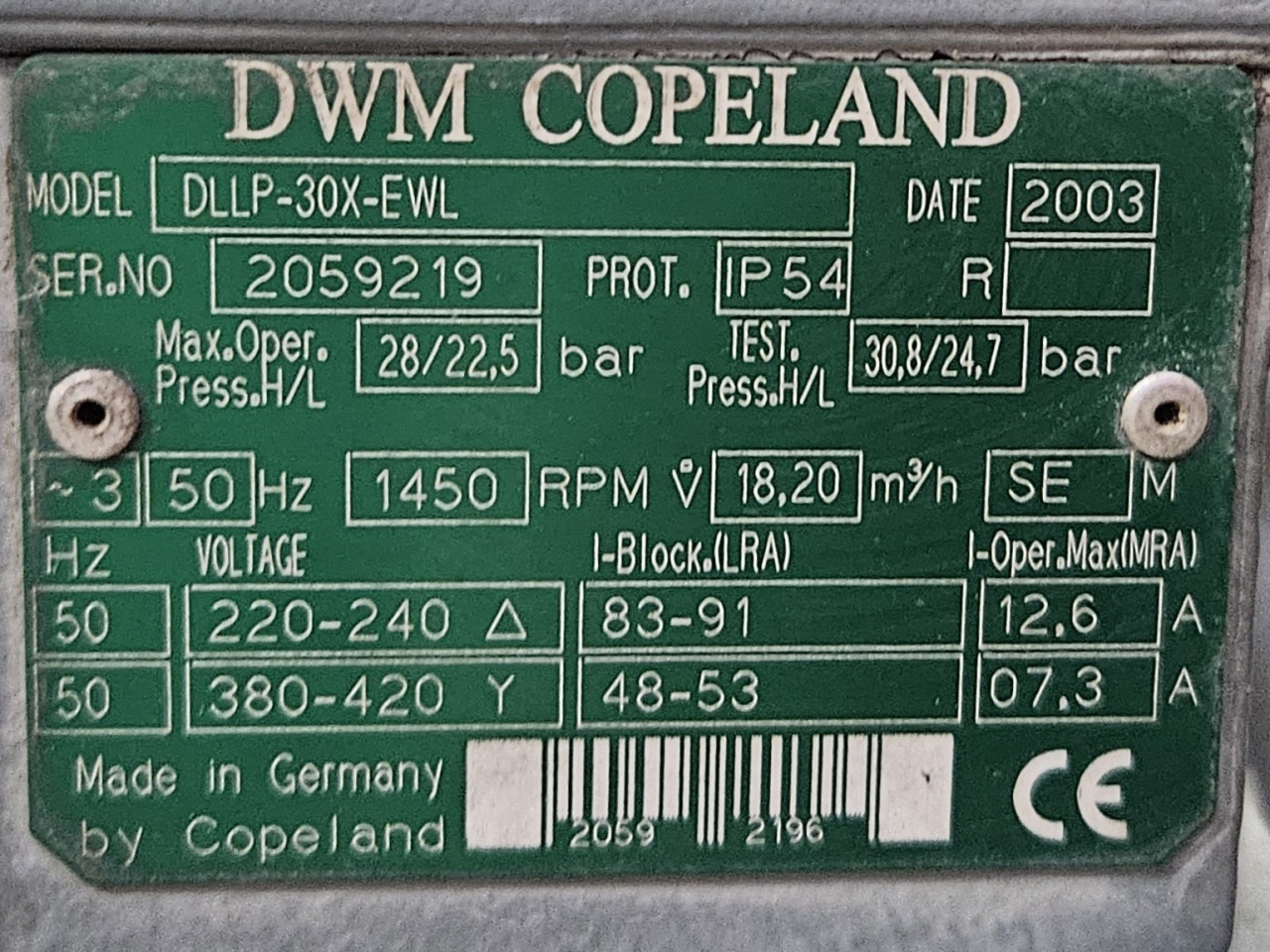 Used DWM Copeland DLLP-30X-EWL semi-hermetic piston compressor. - HOS BV